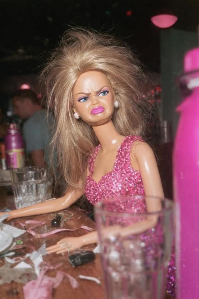 Barbie in a pink sequined dress looking unimpressed
